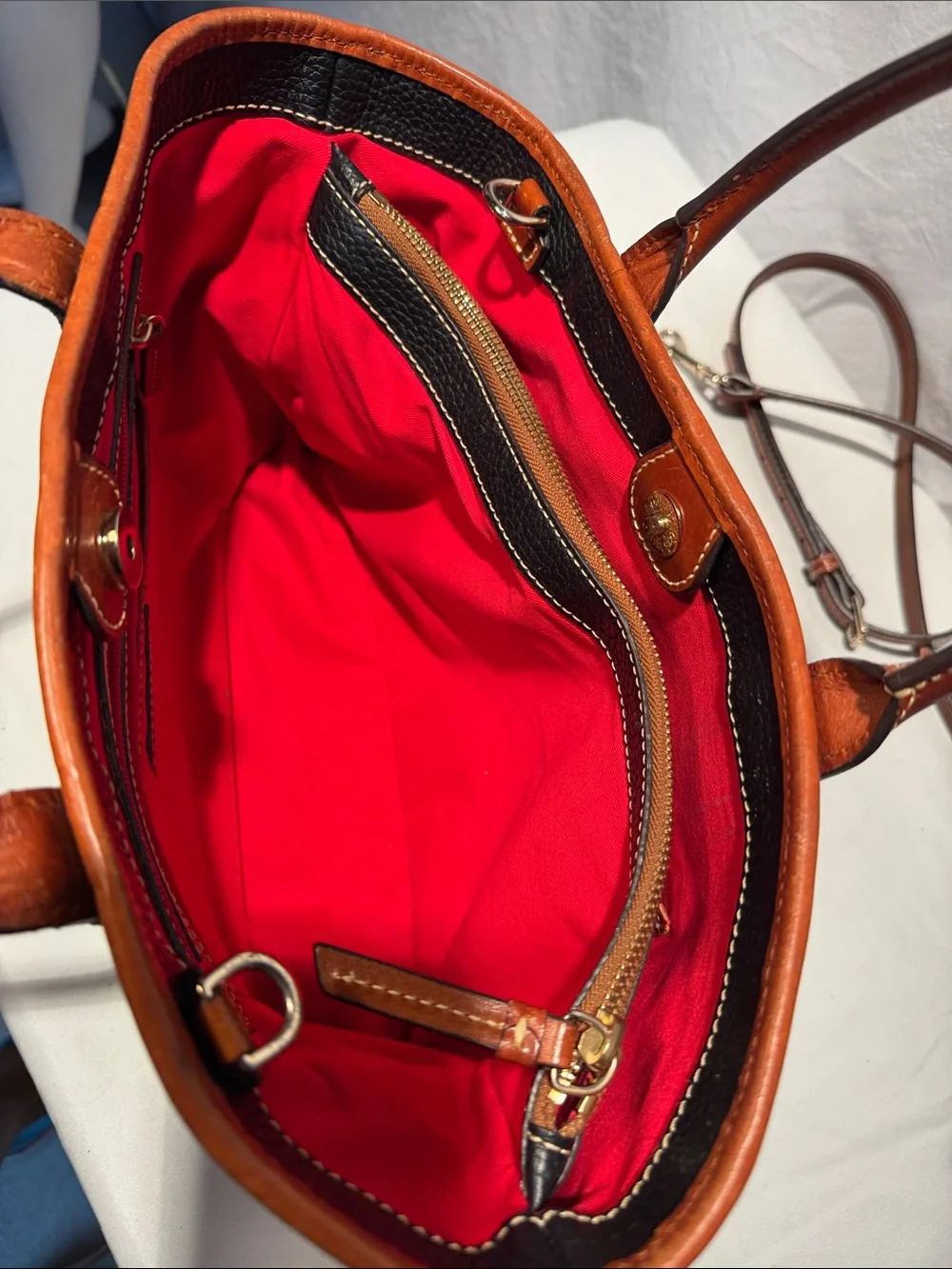 Dooney & Bourke Black Pebbled Leather Tote with Brown Trim & Handles